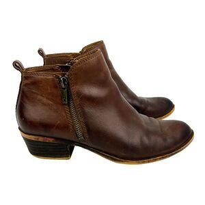 Lucky Brand Basel Ankle Booties Cognac Brown Leather Boots Side Zip Shoes Boho 7